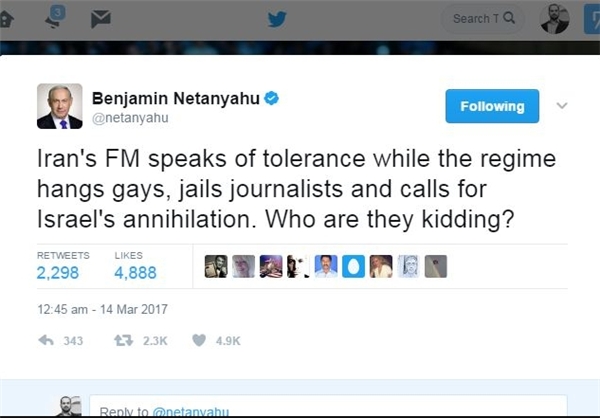 واکنش نتانیاهو به توئیت «محمد جواد ظریف»