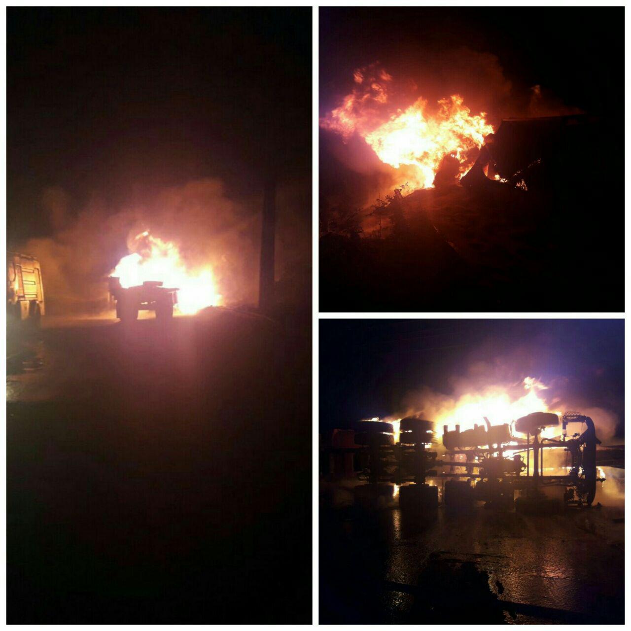 در برخورد دو کامیون در جاده رشت قزوین ۳ نفر آتش سوختند + تصاویر