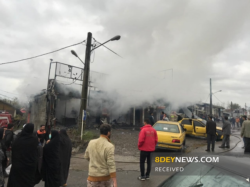 آتش سوزی شدید چندین مغازه و خودرو در آستانه + تصاویر و فیلم