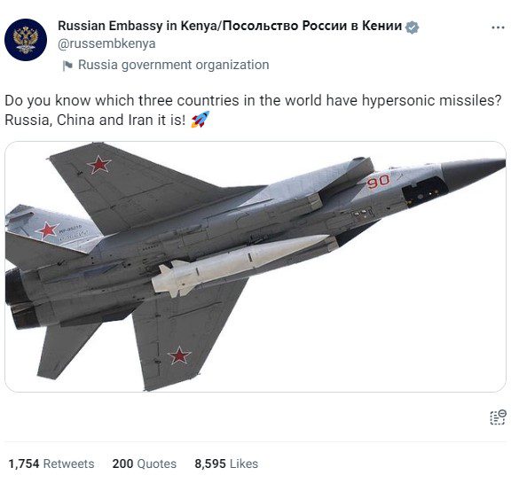 توئیت قابل تامل سفارت روسیه درباره موشک‌های هایپرسونیک ایران
