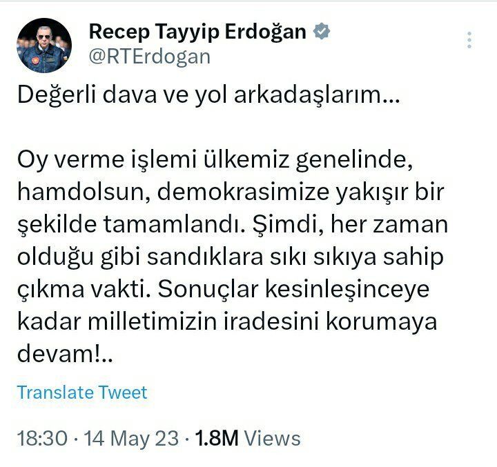 توئیت اردوغان پس از اتمام زمان رأی‌گیری در ترکیه