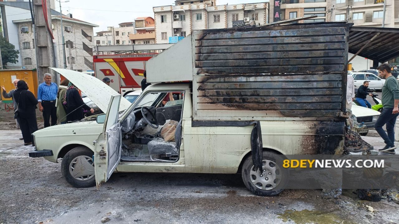 آتش‌سوزی خودروی اغذیه‌فروشی در گلباغ نماز رشت + فیلم